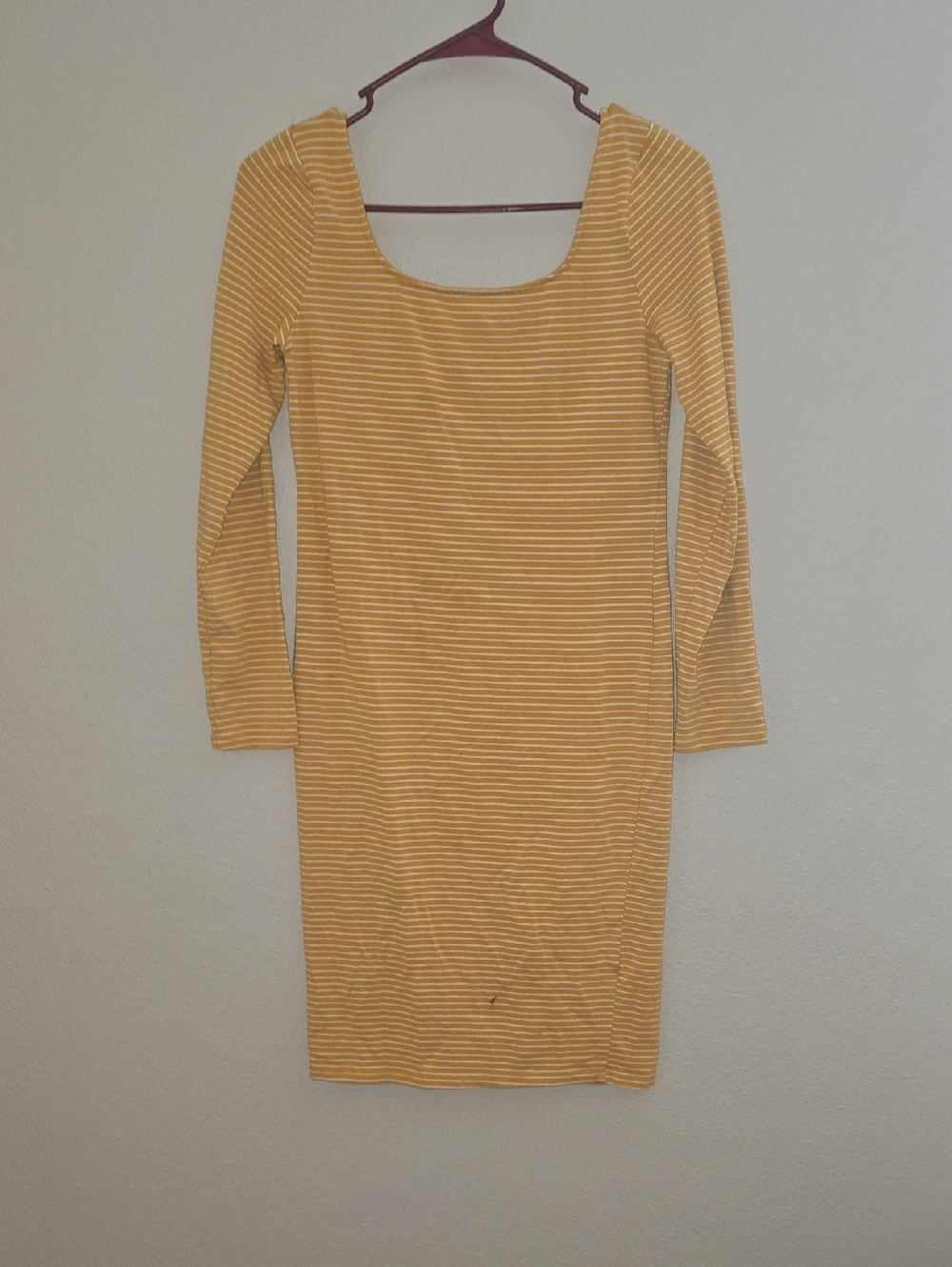Heart Hips Mustard Yellow Striped Scoop Neck Long Sleeve Dress